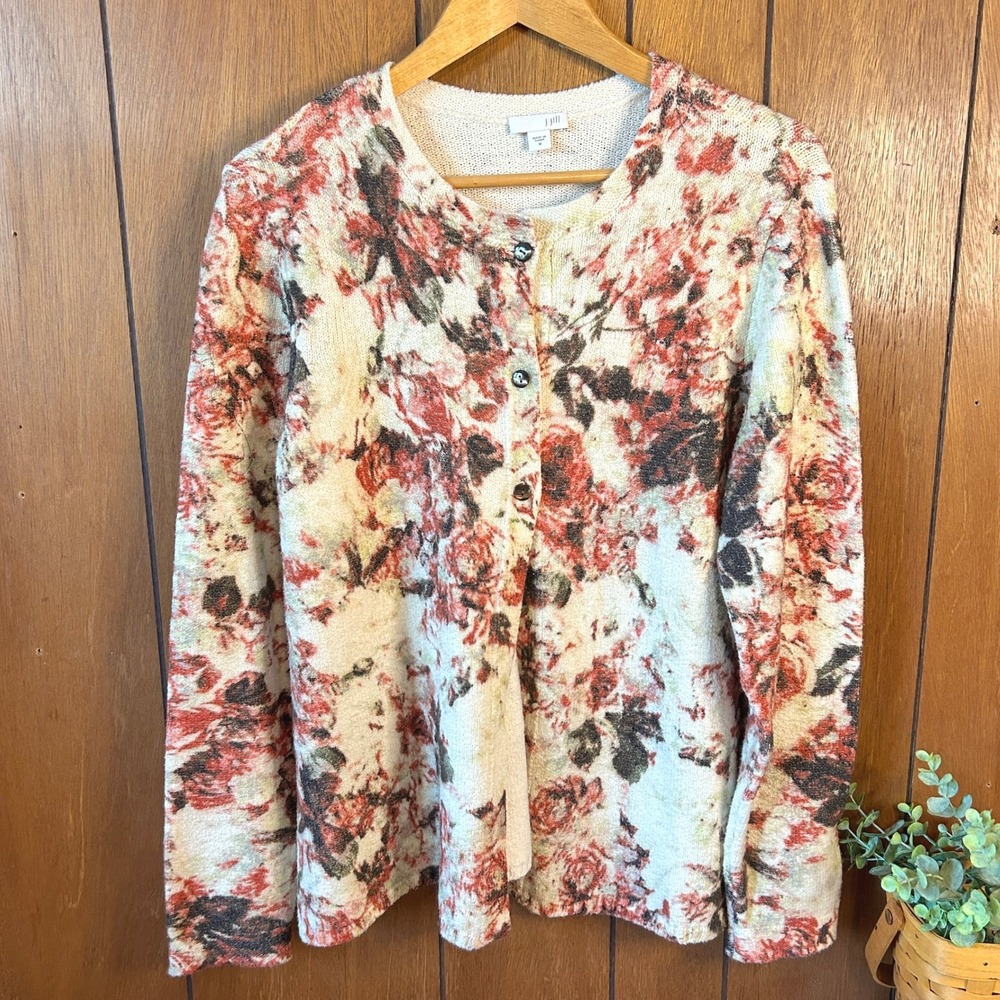J Jill Floral Button Front Knit Cardigan Sweater Beige Red Black Size M